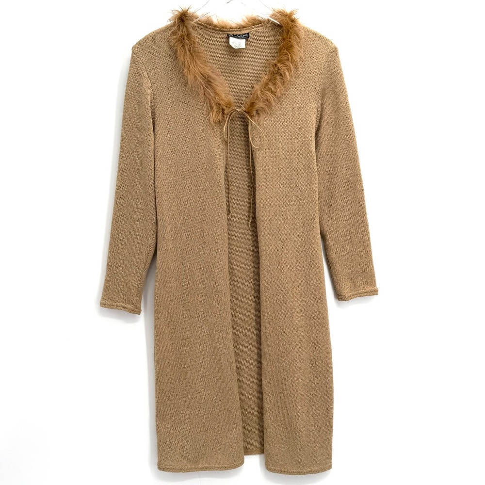 Vintage Feather Collar Duster Cardigan‎ Size XL Longline Old Money Tan Knit